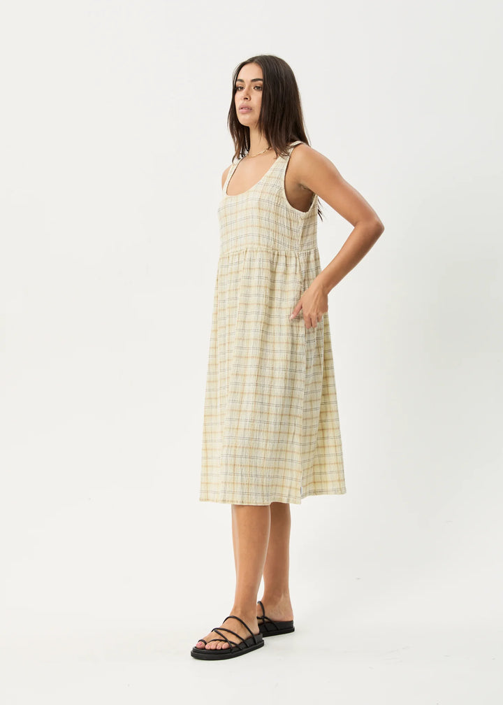 AFENDS Womens Position - Seersucker Check Midi Dress - Tan Check, WOMENS DRESSES, AFENDS, Elwood 101