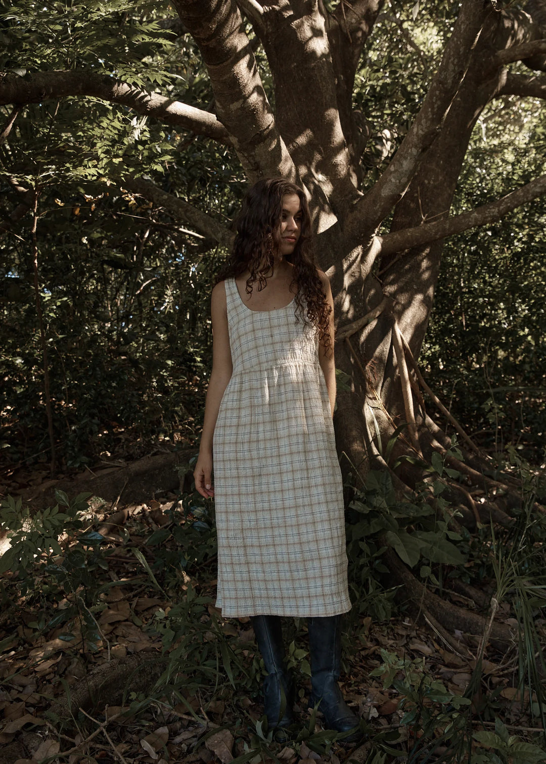 AFENDS Womens Position - Seersucker Check Midi Dress - Tan Check, WOMENS DRESSES, AFENDS, Elwood 101