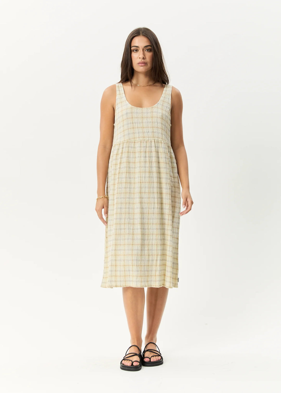 AFENDS Womens Position - Seersucker Check Midi Dress - Tan Check, WOMENS DRESSES, AFENDS, Elwood 101