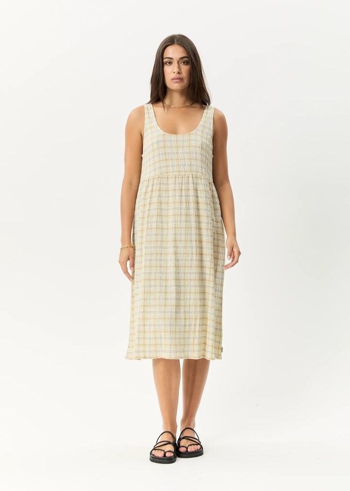 AFENDS Womens Position - Seersucker Check Midi Dress - Tan Check, WOMENS DRESSES, AFENDS, Elwood 101