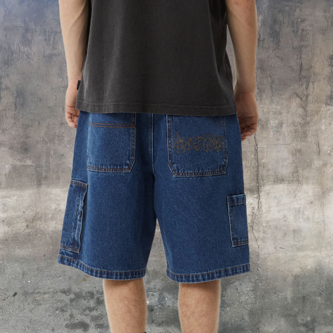 AFENDS Mens Scorched Harper - Denim Baggy Fit Carpenter Short 22 Inch - Authentic Blue, MENS SHORTS, AFENDS, Elwood 101