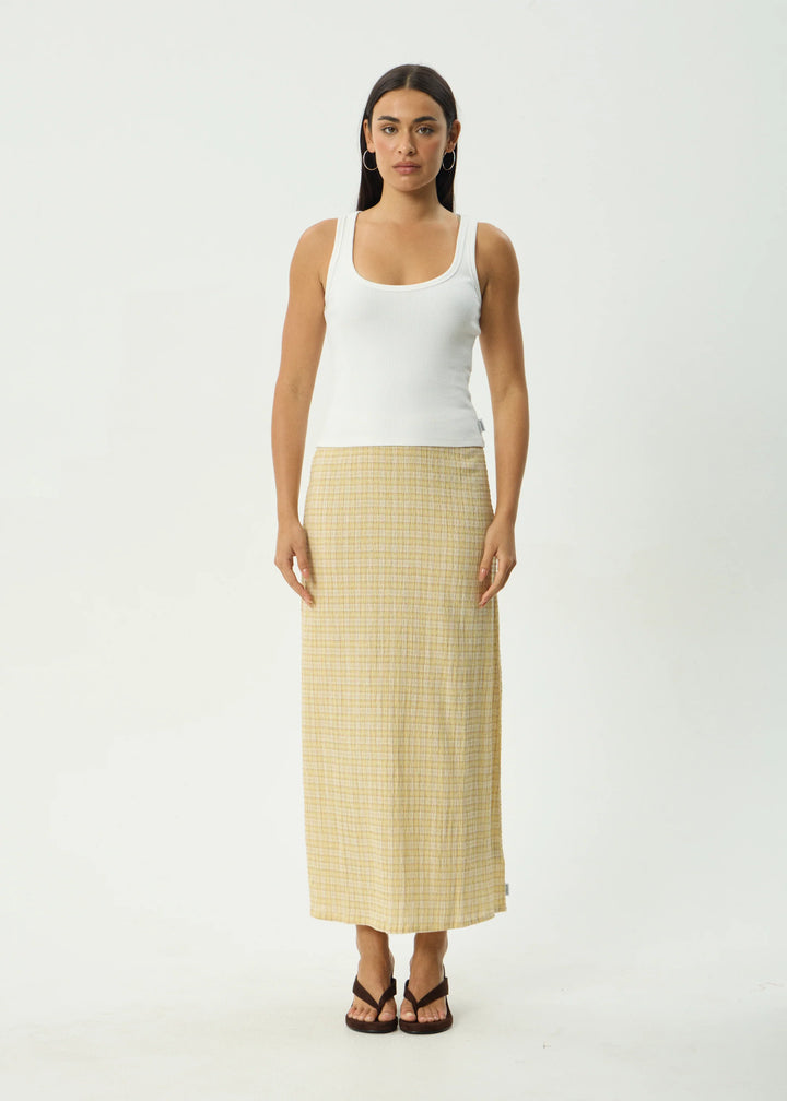 AFENDS Womens Sunday - Seersucker Maxi Skirt - Lemon Check, WOMENS SKIRTS, AFENDS, Elwood 101
