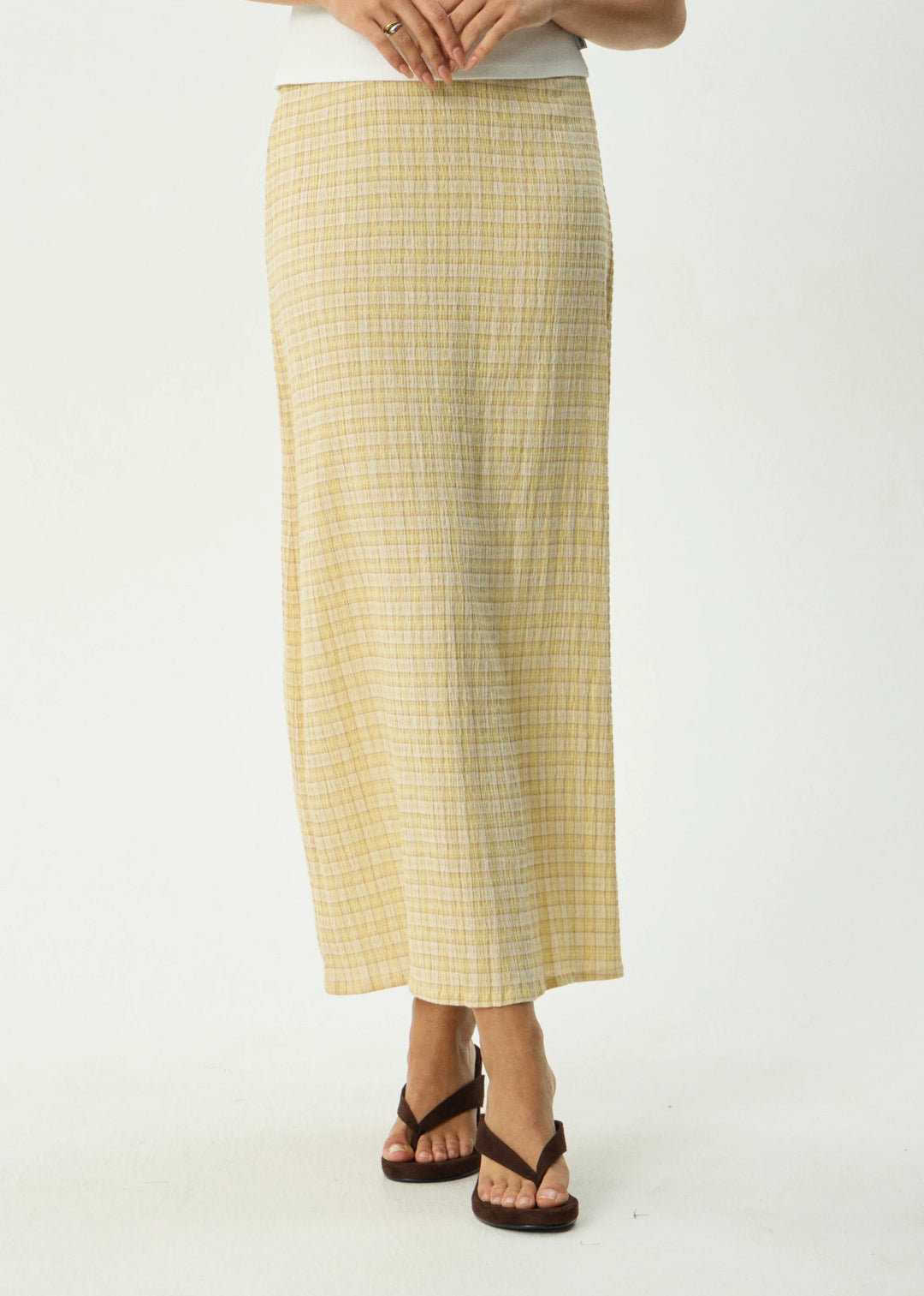 AFENDS Womens Sunday - Seersucker Maxi Skirt - Lemon Check, WOMENS SKIRTS, AFENDS, Elwood 101