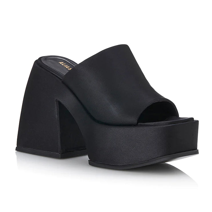 ALIAS MAE Womens Lydia Platform Mules Black Satin Elwood 101