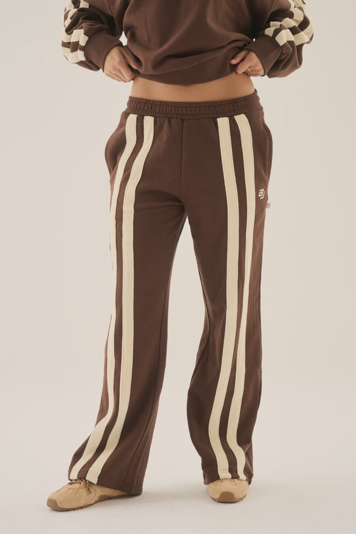 ARAMINTA JAMES Womens AJ Logo Stripe Trackpant in Chicory Coffee, WOMENS TRACK PANTS, ARAMINTA JAMES, Elwood 101