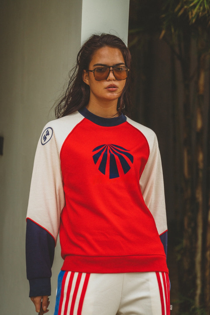 ARAMINTA JAMES Womens Races Waffle Sweatshirt in Poppy Red, WOMENS KNITS & SWEATERS, ARAMINTA JAMES, Elwood 101