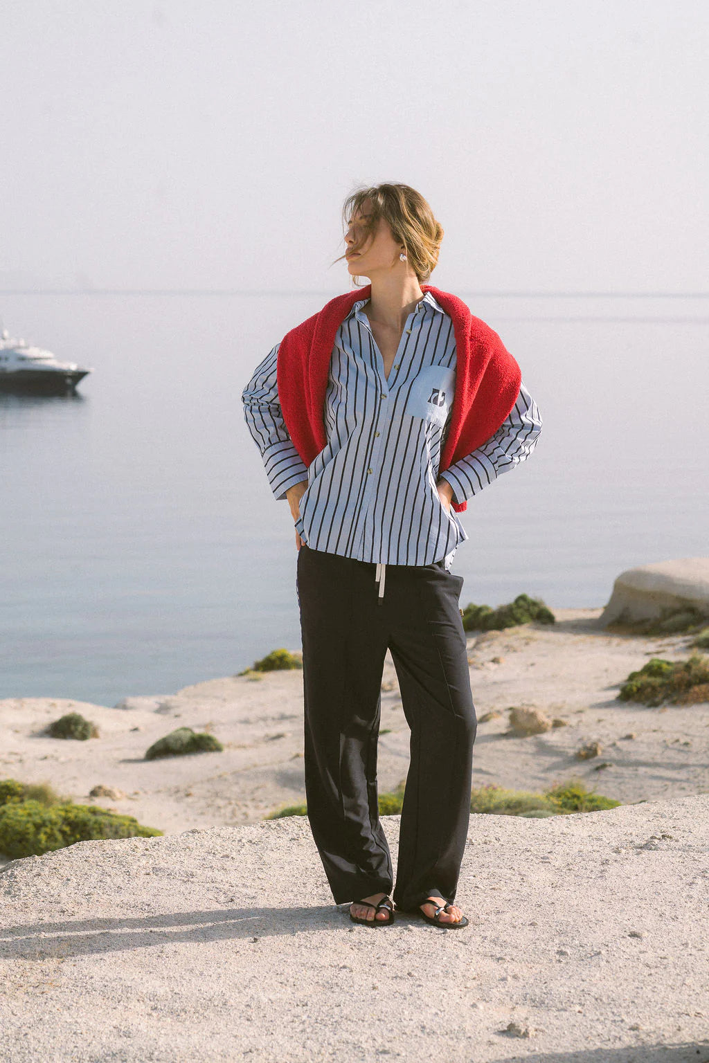 ARAMINTA JAMES Womens AJ Crest Palermo Stripe Shirt in Sea Blue