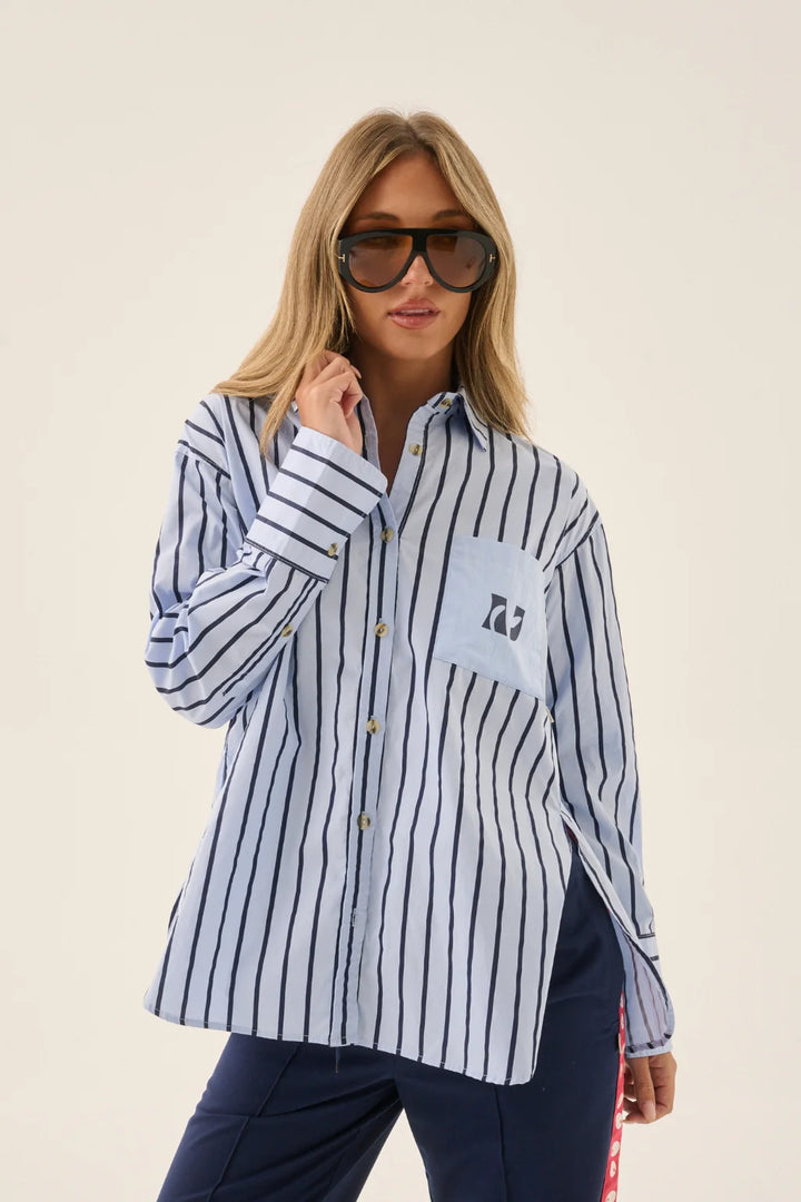 ARAMINTA JAMES Womens AJ Crest Palermo Stripe Shirt in Sea Blue