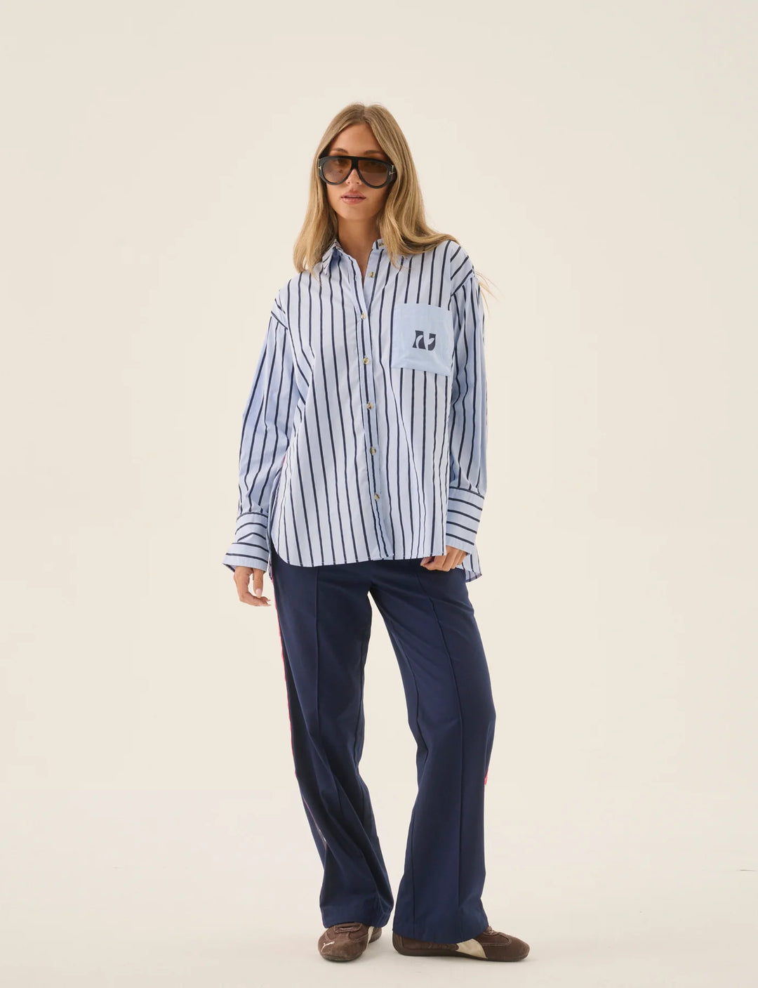 ARAMINTA JAMES Womens AJ Crest Palermo Stripe Shirt in Sea Blue
