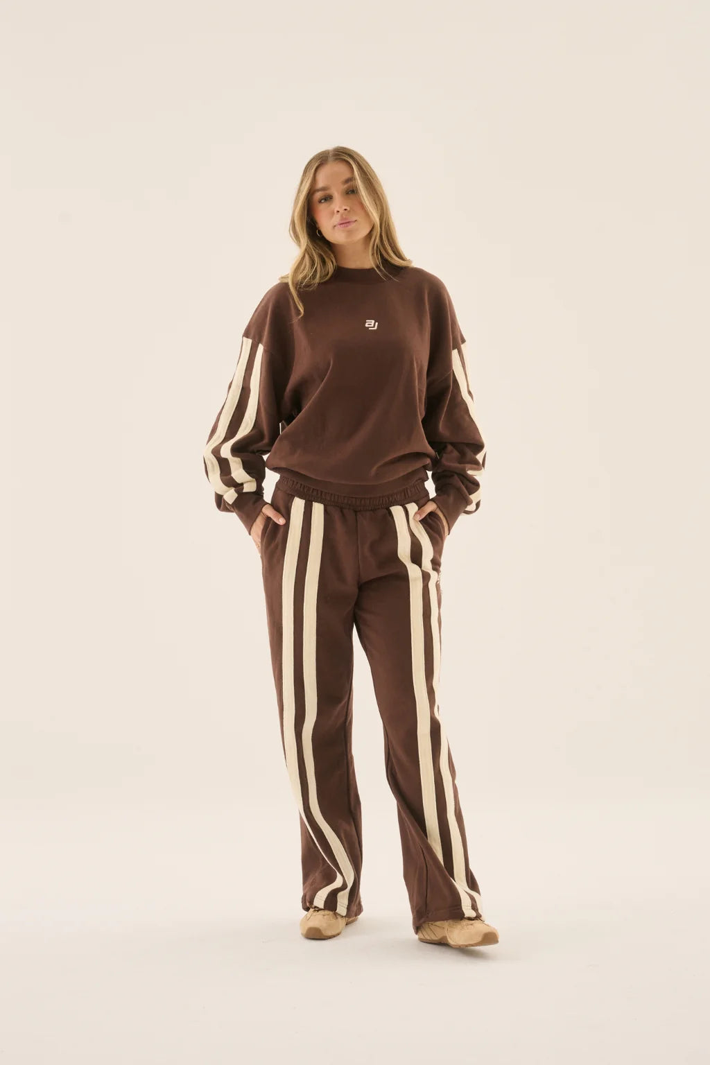 ARAMINTA JAMES Womens AJ Logo Stripe Trackpant in Chicory Coffee, WOMENS TRACK PANTS, ARAMINTA JAMES, Elwood 101