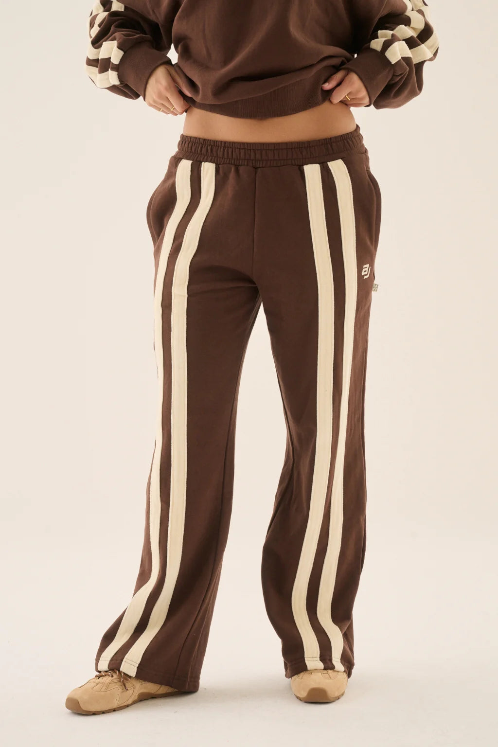 ARAMINTA JAMES Womens AJ Logo Stripe Trackpant in Chicory Coffee, WOMENS TRACK PANTS, ARAMINTA JAMES, Elwood 101