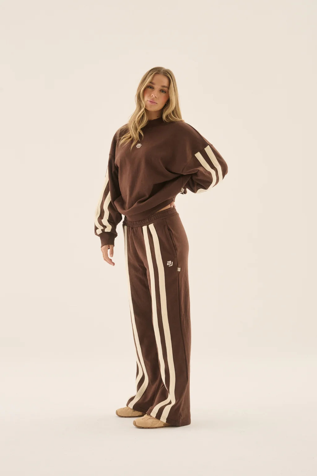 ARAMINTA JAMES Womens AJ Logo Stripe Trackpant in Chicory Coffee, WOMENS TRACK PANTS, ARAMINTA JAMES, Elwood 101