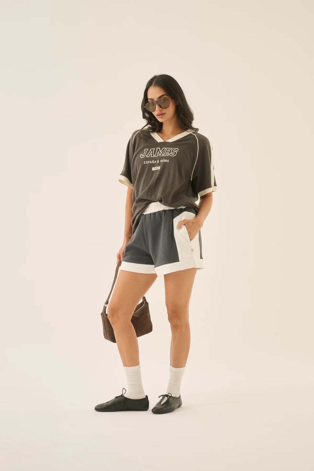 ARAMINTA JAMES Womens James College Waffle Tee in Washed Black