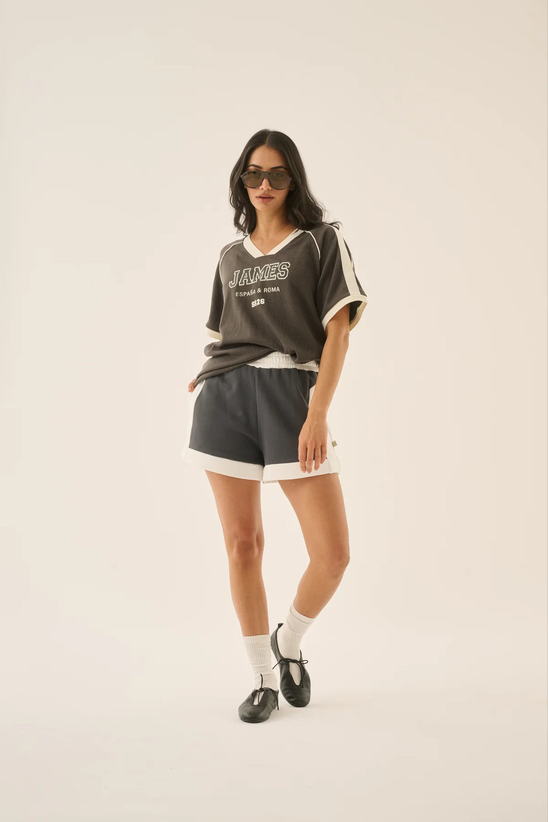 ARAMINTA JAMES Womens James College Waffle Tee in Washed Black