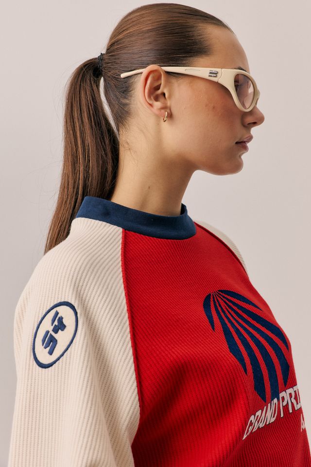 ARAMINTA JAMES Womens Races Waffle Sweatshirt in Poppy Red, WOMENS KNITS & SWEATERS, ARAMINTA JAMES, Elwood 101