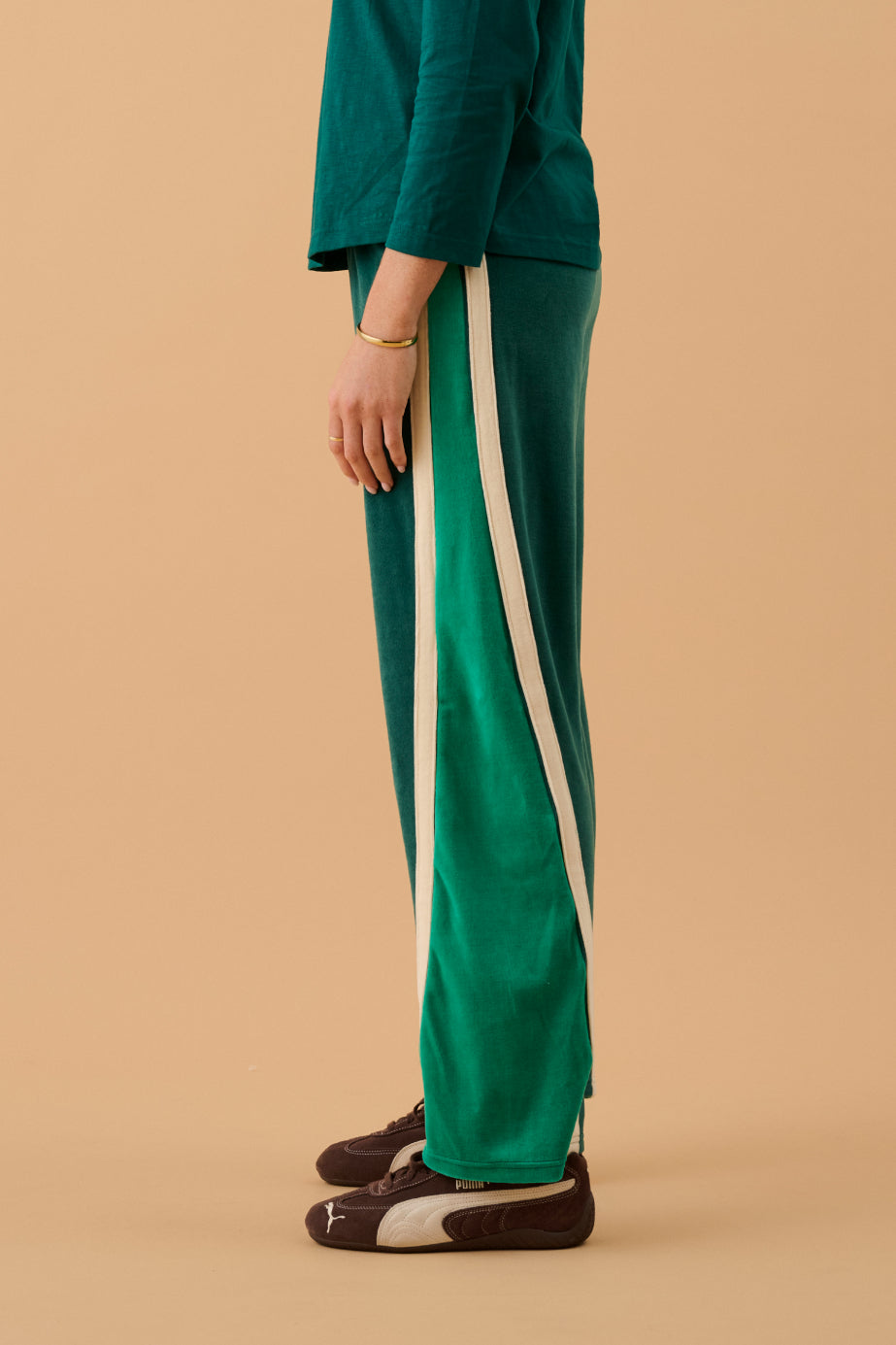 ARAMINTA JAMES Womens Velour Splice Trackpant in Storm Green, WOMENS TRACK PANTS, ARAMINTA JAMES, Elwood 101