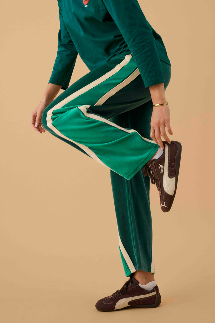 ARAMINTA JAMES Womens Velour Splice Trackpant in Storm Green, WOMENS TRACK PANTS, ARAMINTA JAMES, Elwood 101