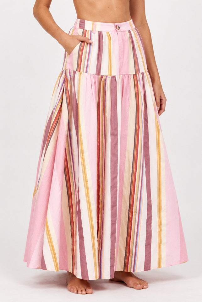 AUGUSTE THE LABEL Womens Harley Maxi Skirt in Pink Multi Stripe, WOMENS SKIRTS, AUGUSTE THE LABEL, Elwood 101
