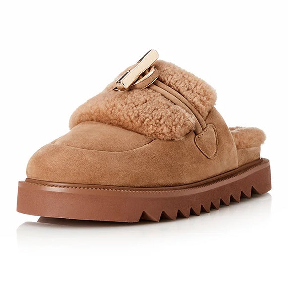 ALIAS MAE Womens Cedar Fawn Suede Shearling Slides