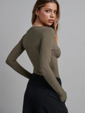 Bayse Brand Womens Lara Long Sleeve Crew Neck Button Down Bodysuit Khaki, WOMENS BODYSUITS, BAYSE BRAND, Elwood 101