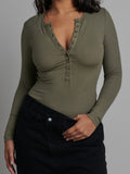Bayse Brand Womens Lara Long Sleeve Crew Neck Button Down Bodysuit Khaki, WOMENS BODYSUITS, BAYSE BRAND, Elwood 101