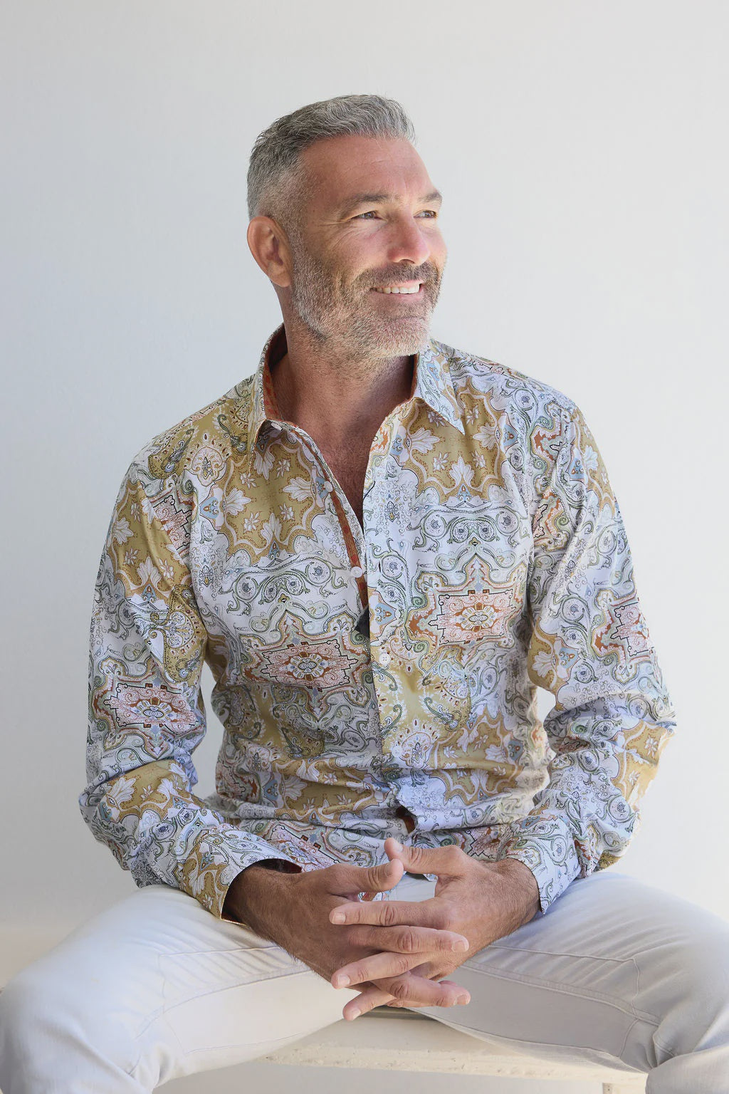 ENGLISH LAUNDRY Mens Crewe Long Sleeve Paisley Shirt in Ecru, MENS SHIRTS, ENGLISH LAUNDRY, Elwood 101