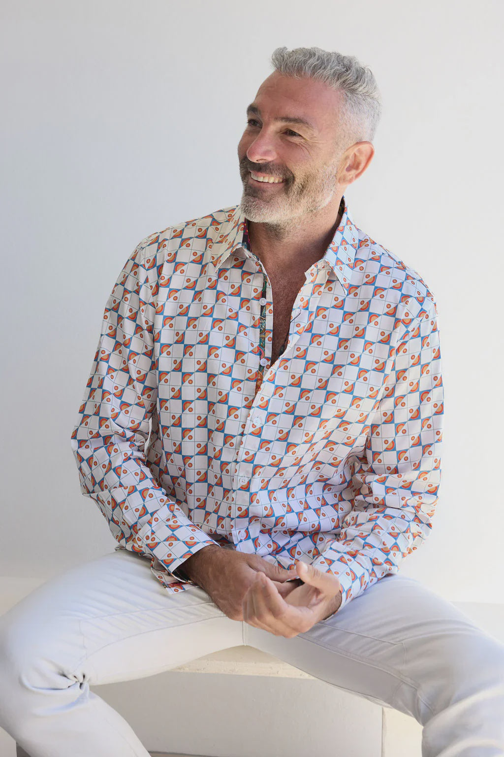 ENGLISH Laundry Plymouth LS Shirt Ecru | Geometric Print