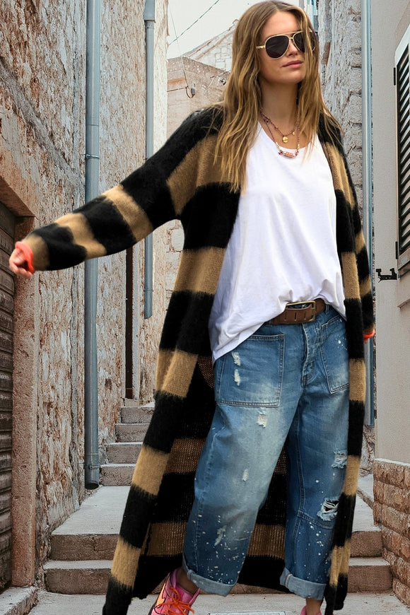 HAMMILL & CO Womens Boho Maxi Stripe Cardi - Black & Camel