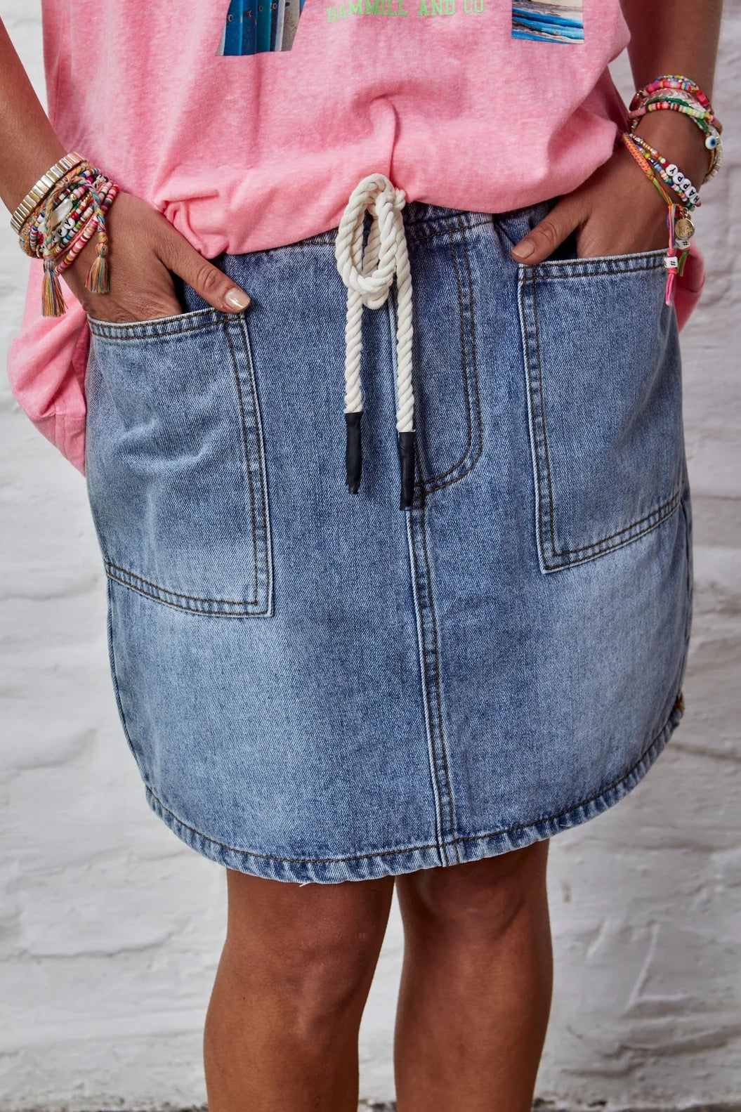 HAMMILL & CO Womens Denim Skirt with Elastic Waist & Drawcord - Stonewash Denim, WOMENS SKIRTS, CAT HAMMILL, Elwood 101