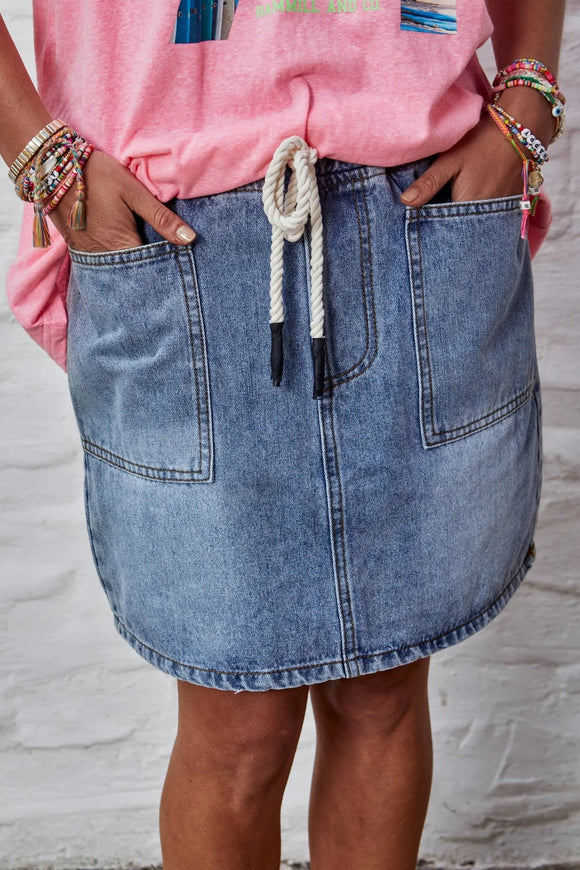 HAMMILL & CO Womens Denim Skirt with Elastic Waist & Drawcord - Stonewash Denim, WOMENS SKIRTS, CAT HAMMILL, Elwood 101
