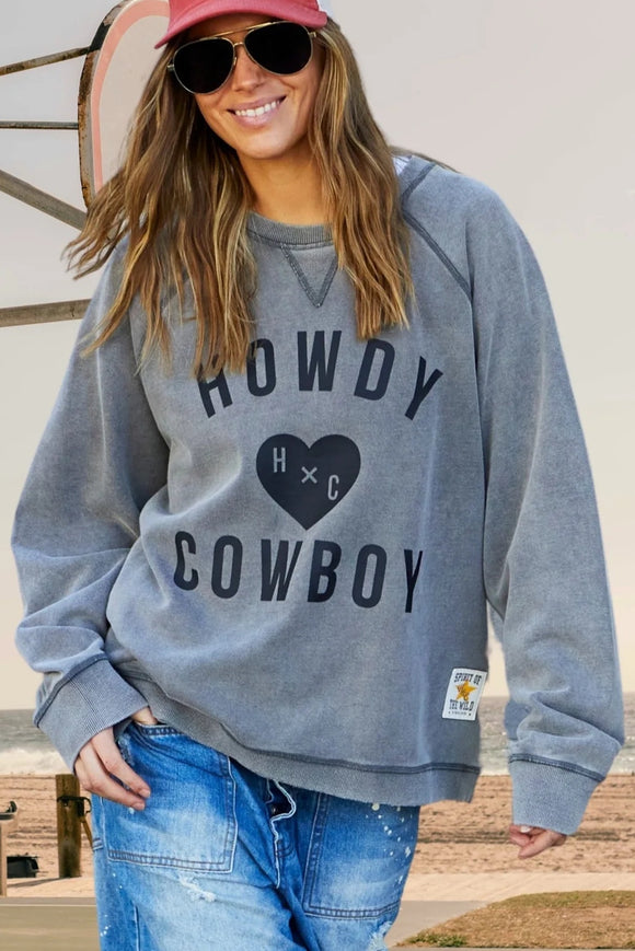 HAMMILL & CO Womens Howdy Cowboy Vintage Wash Sweat - Washed Black