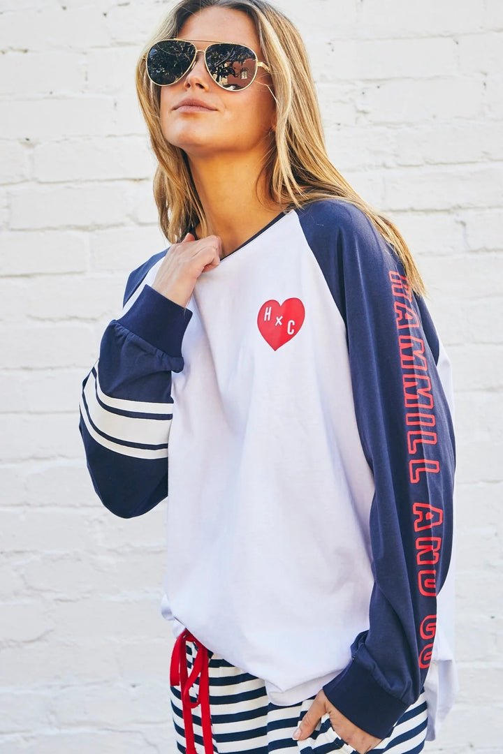 HAMMILL & CO Womens Retro Heart Long Sleeve Tee in White Navy