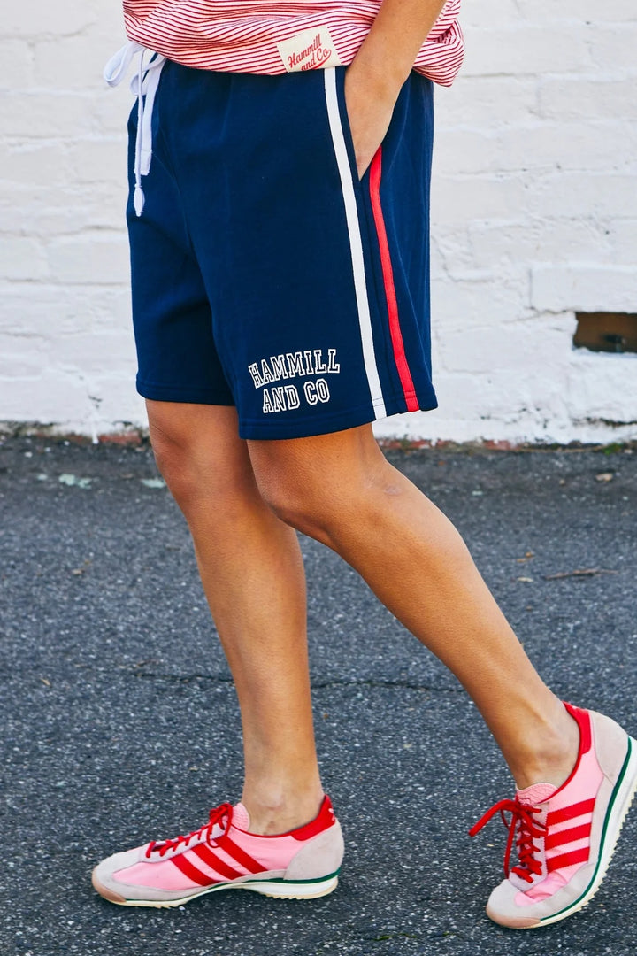 HAMMILL & CO Womens Retro Shorts With Side Stripes in Navy
