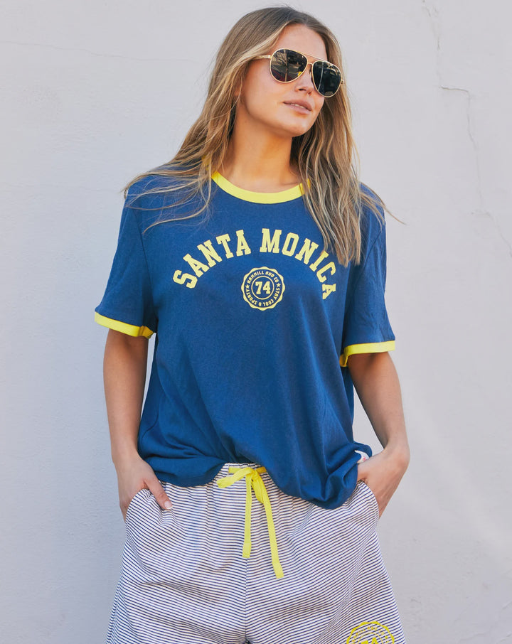 HAMMILL & CO Womens Santa Monica Ringer Tee in Blue & Yellow