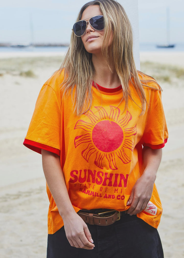HAMMILL & CO Womens Sunshine State of Mind Ringer Tee in Orange