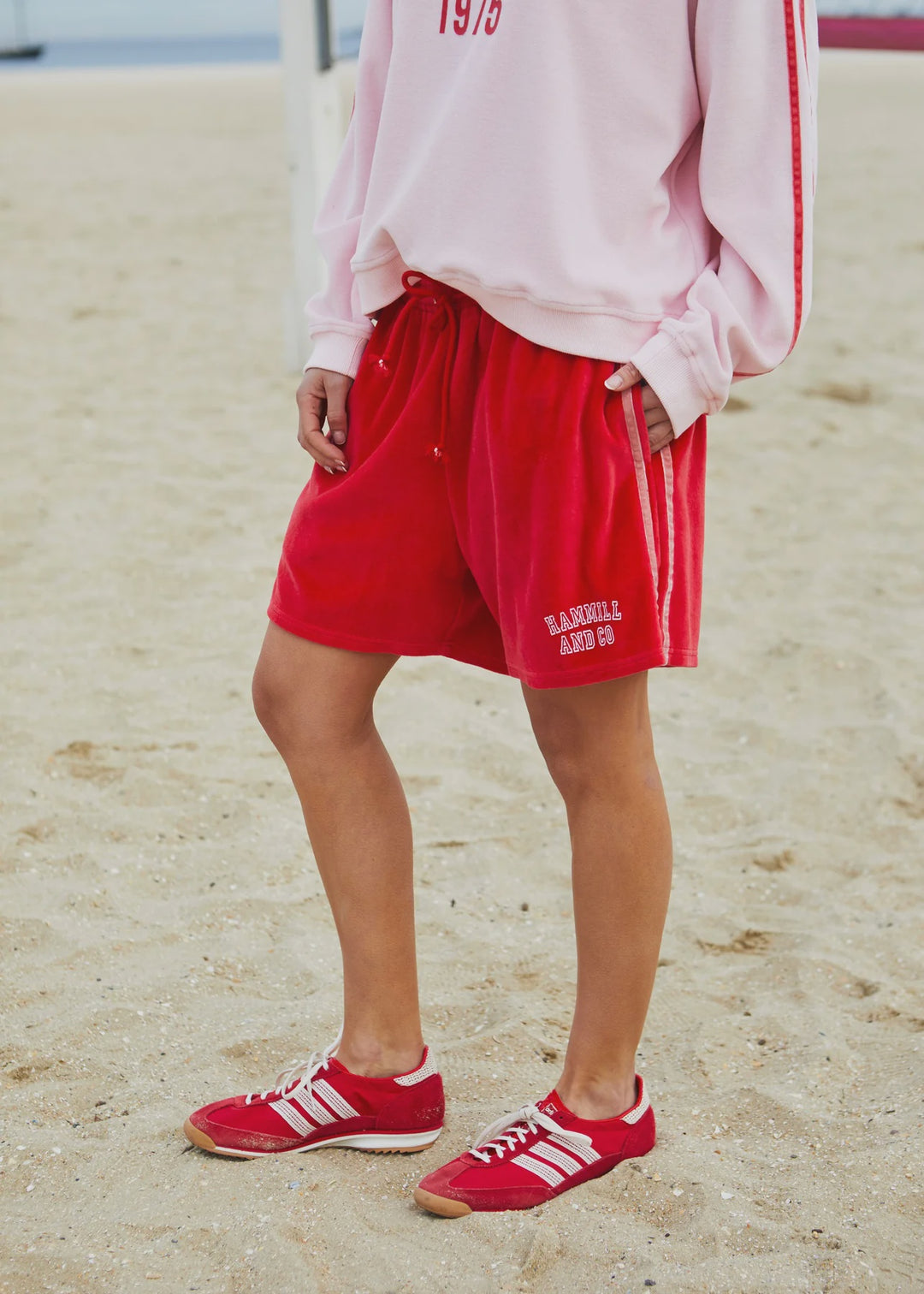 HAMMILL & CO Womens Urban Velour Short in Red with Pink Stripe