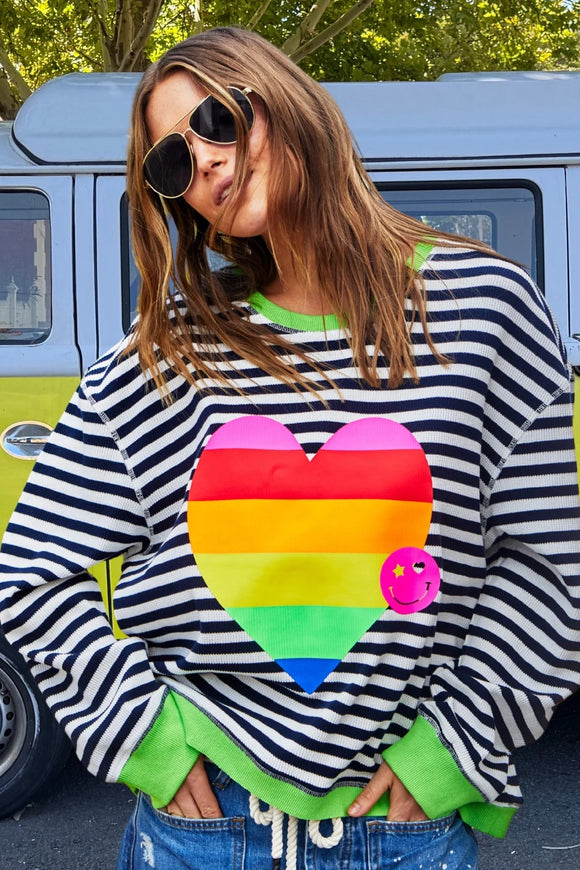 HAMMILL & CO Womens Heart Stripe Waffle Sweat - Navy/ White Stripe, WOMENS TOPS & SHIRTS, CAT HAMMILL, Elwood 101