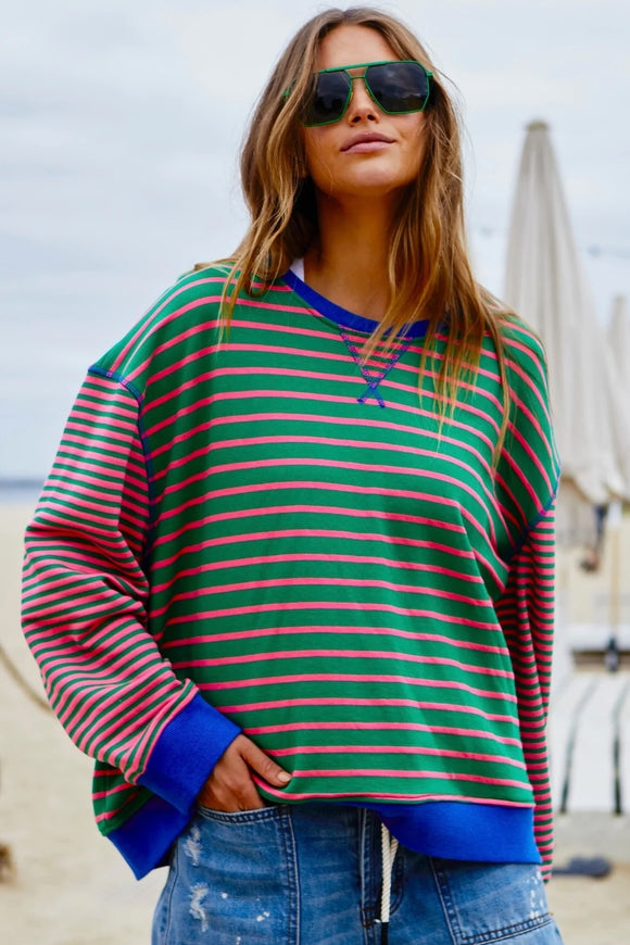HAMMILL & Co Womens Retro Stripe Sweat - Green & Pink, WOMENS KNITS & SWEATERS, CAT HAMMILL, Elwood 101