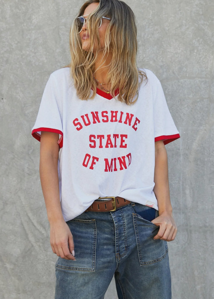 HAMMILL & CO Womens Sunshine State Of Mind V Neck Ringer Tee in White/ Red, WOMENS TEES & TANKS, CAT HAMMILL, Elwood 101