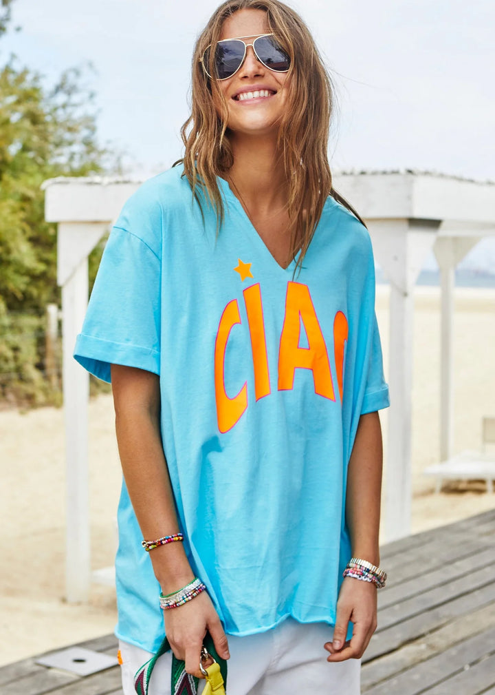 HAMMILL & CO Womens Ciao Aqua V- Neck Tee, WOMENS TEES & TANKS, CAT HAMMILL, Elwood 101