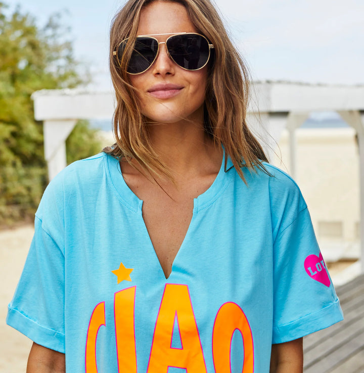 HAMMILL & CO Womens Ciao Aqua V- Neck Tee, WOMENS TEES & TANKS, CAT HAMMILL, Elwood 101