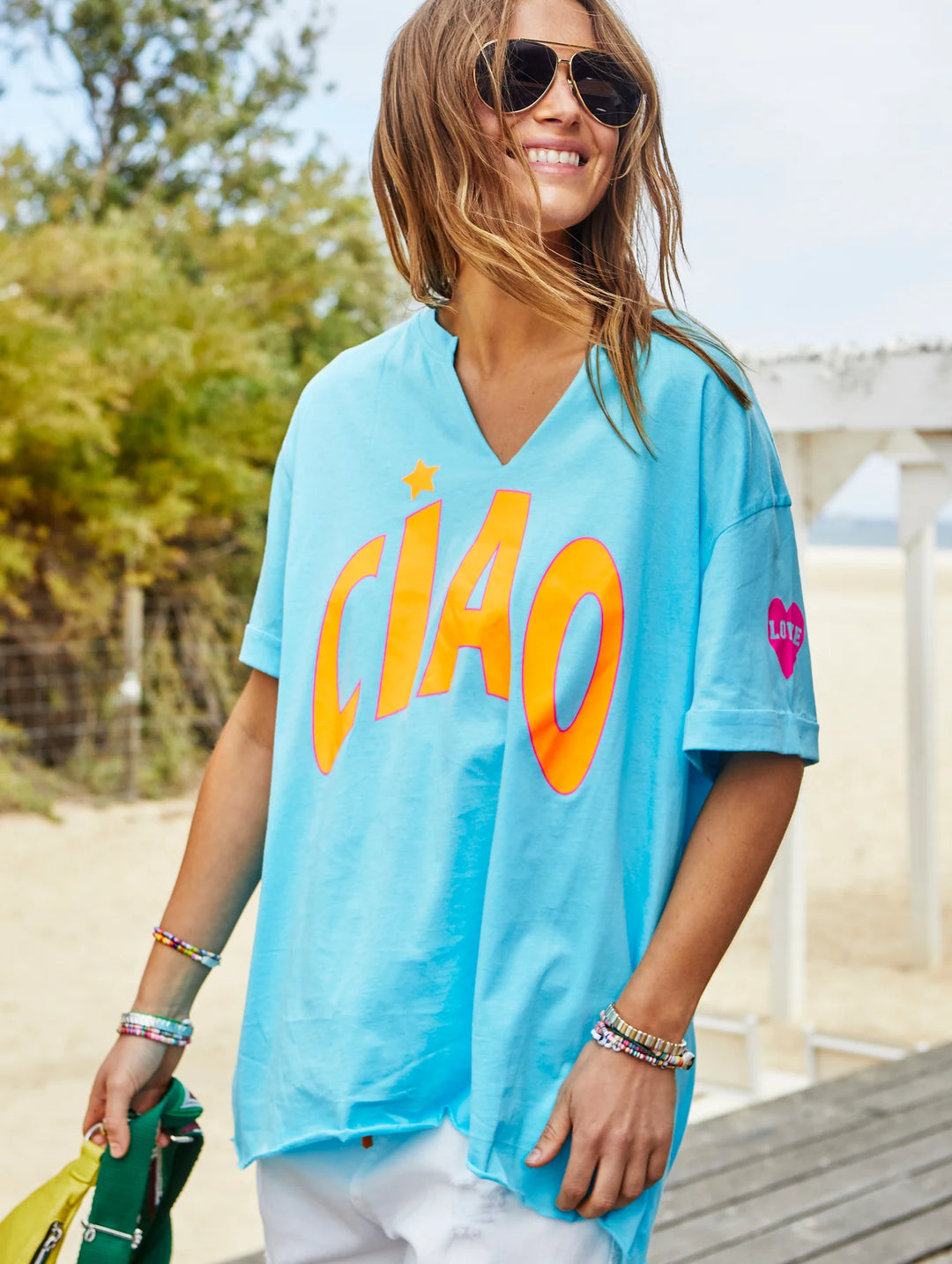 HAMMILL & CO Womens Ciao Aqua V- Neck Tee, WOMENS TEES & TANKS, CAT HAMMILL, Elwood 101