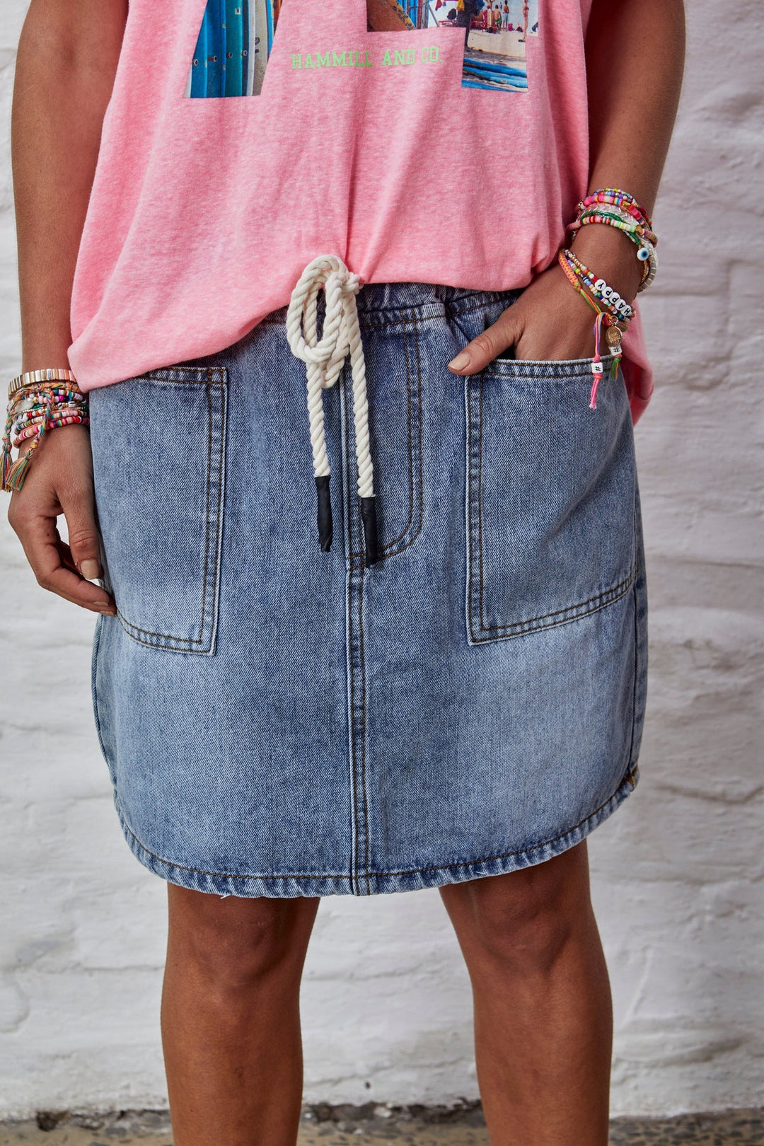 HAMMILL & CO Womens Denim Skirt with Elastic Waist & Drawcord - Stonewash Denim, WOMENS SKIRTS, CAT HAMMILL, Elwood 101