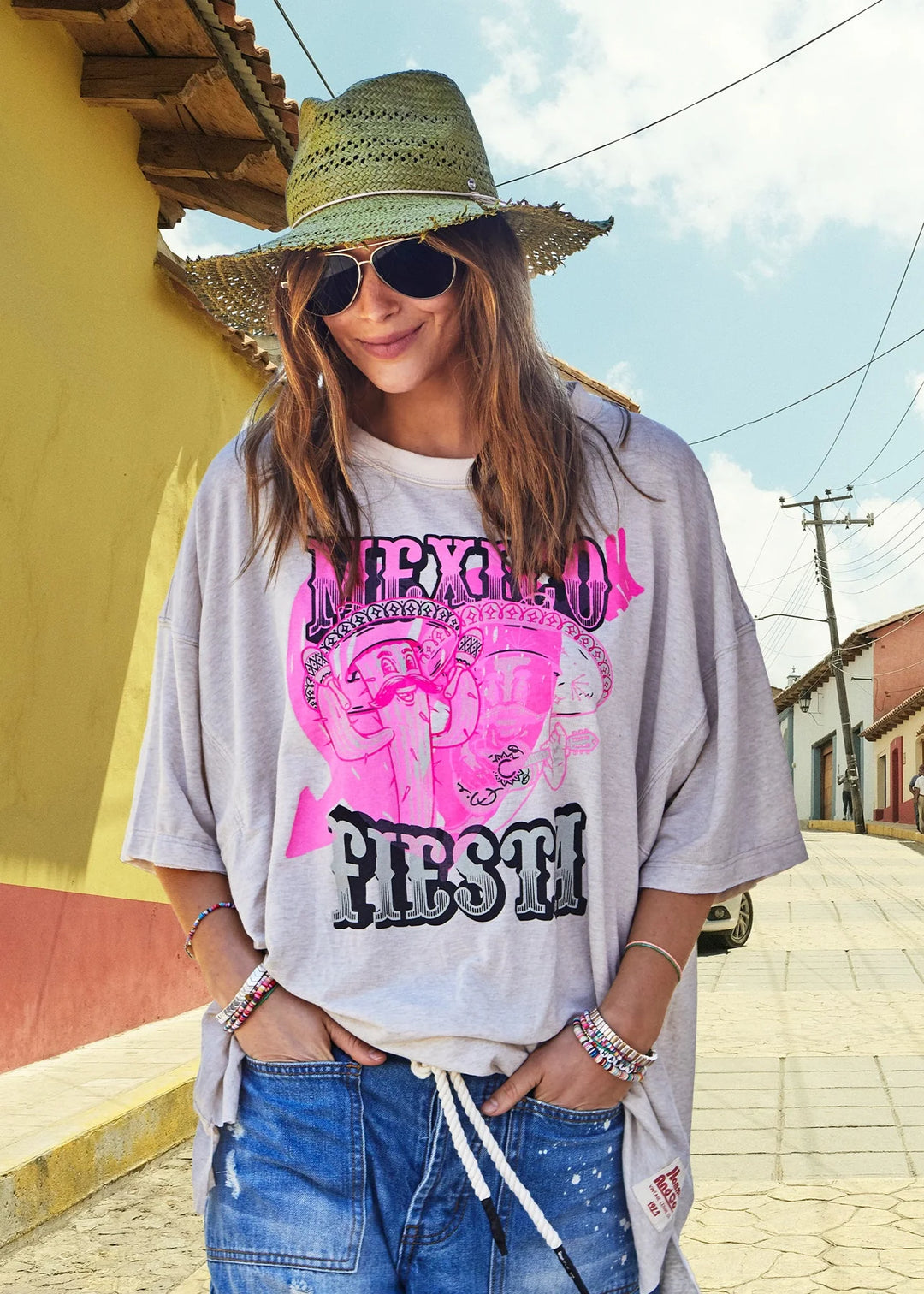 HAMMILL & CO Womens Mexican Fiesta Oversized Tee - Natural Marle, WOMENS TEES & TANKS, CAT HAMMILL, Elwood 101