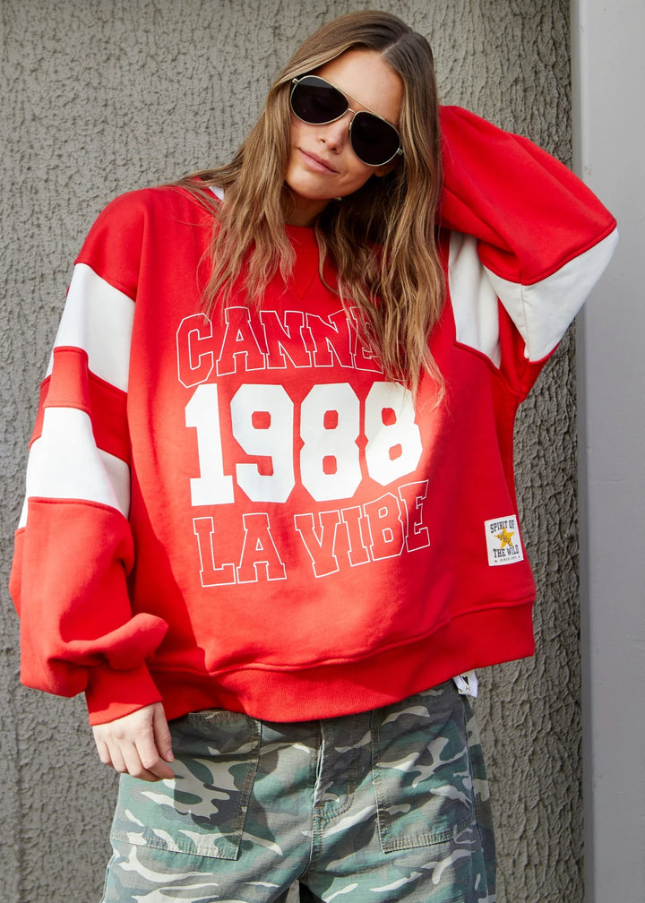 HAMMILL & CO Womens Panelled Sleeve Detail Cannes Sweat in Red, WOMENS KNITS & SWEATERS, CAT HAMMILL, Elwood 101