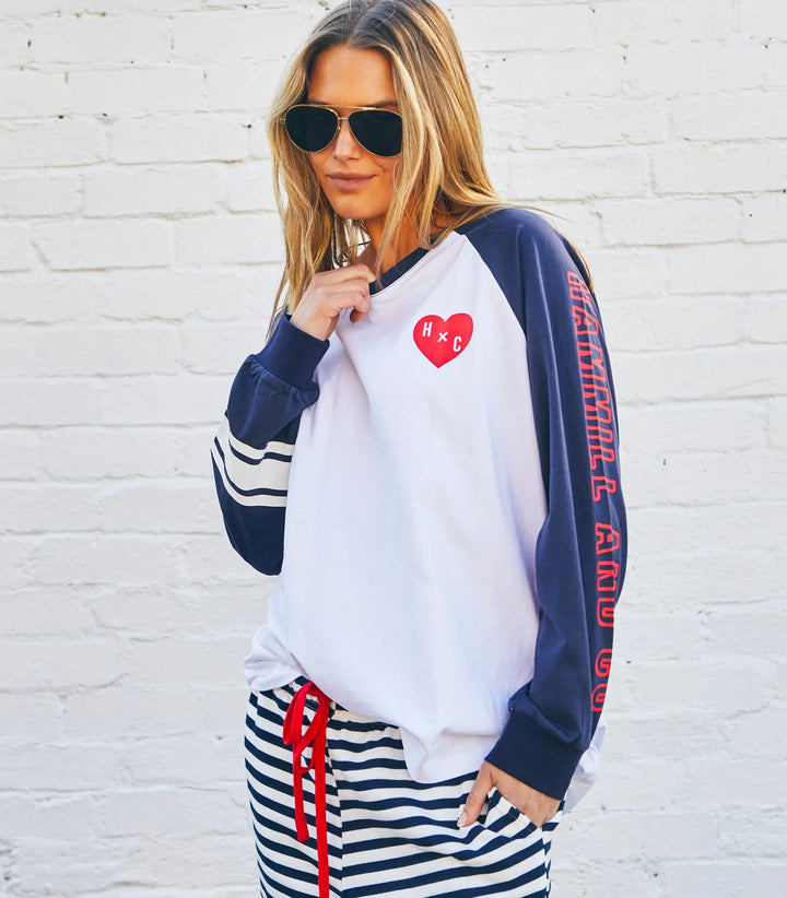 HAMMILL & CO Womens Retro Heart Long Sleeve Tee in White Navy