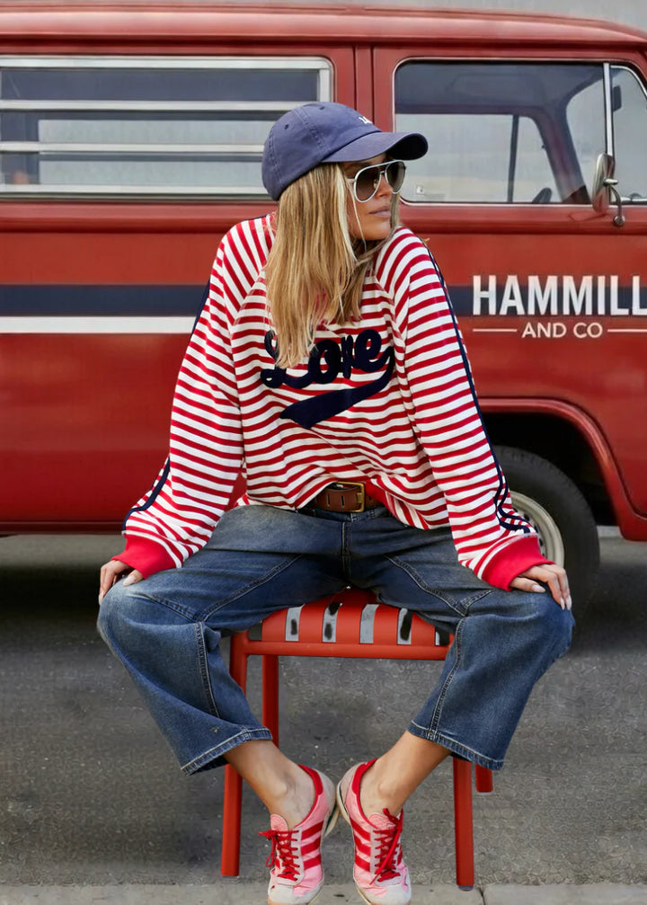 HAMMILL & CO Womens Retro Love Stripe Sweat in Red / White, WOMENS KNITS & SWEATERS, CAT HAMMILL, Elwood 101