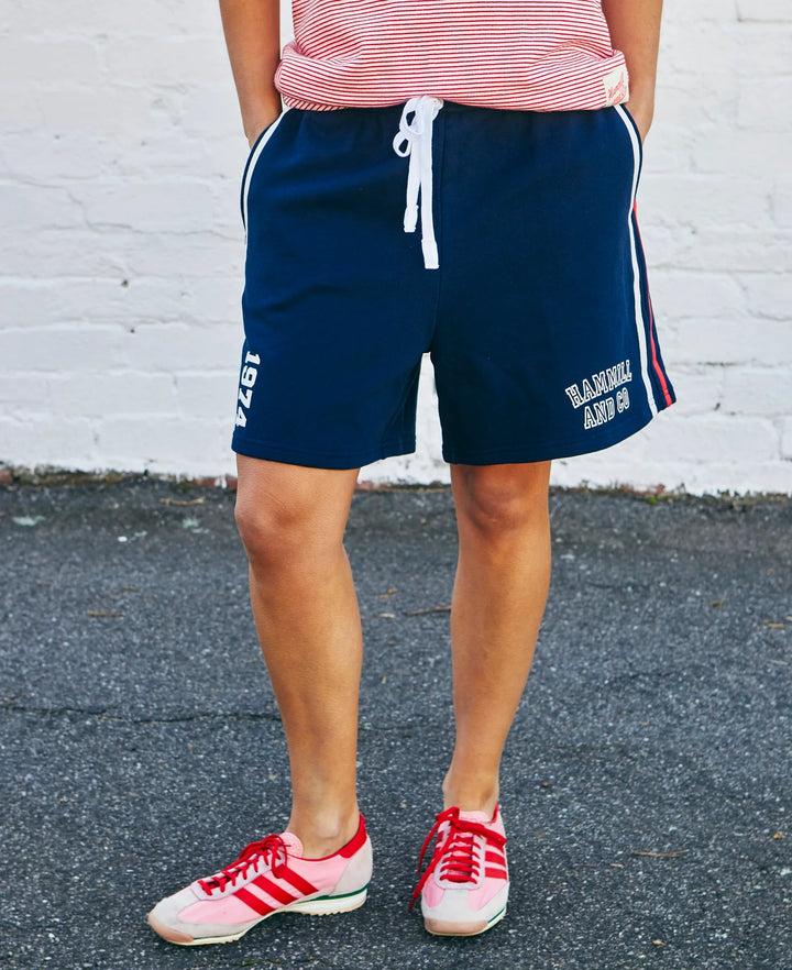 HAMMILL & CO Womens Retro Shorts With Side Stripes in Navy