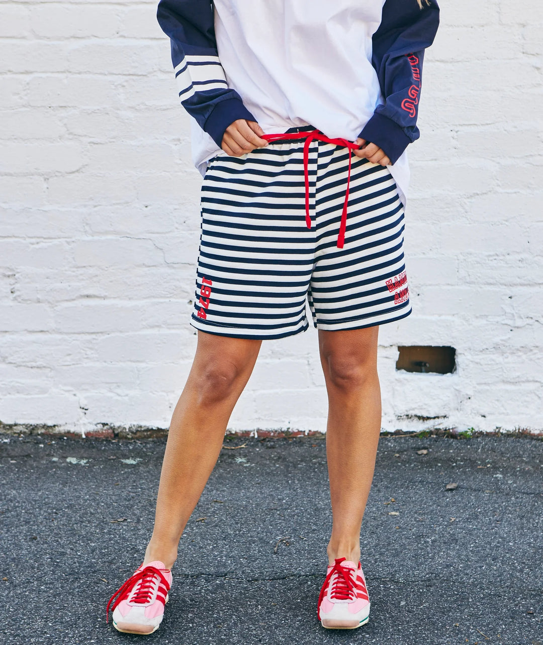 HAMMILL & CO Womens Retro Stripe Shorts in Navy White Stripe