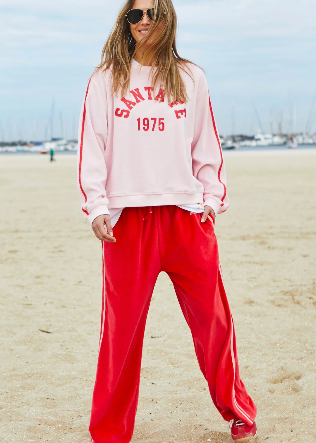 HAMMILL & CO Womens Urban Velour Track Pant in Red with Pink Stripe